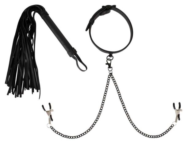 3 teiliges BDSM Set mit Halsfessel Nippelklemmen und Peitsche Vegan Fetish